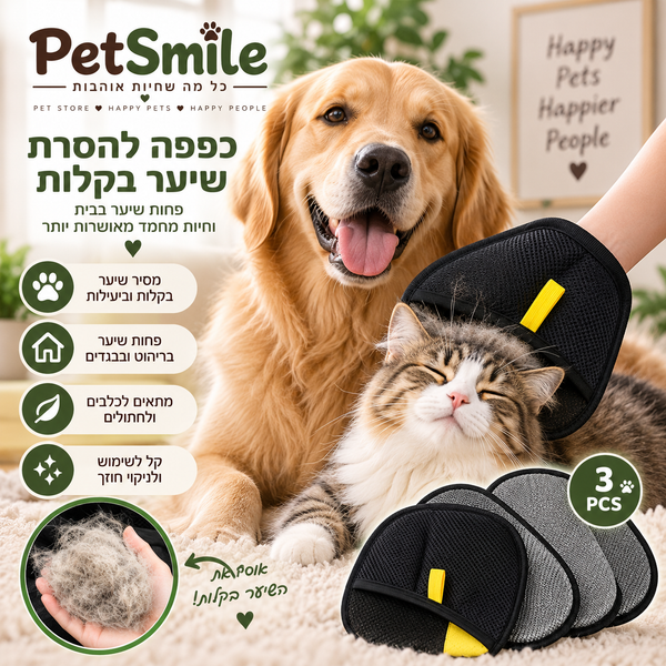 כפפה דו־צדדית להסרת פרווה לכלבים וחתולים – מארז 3 יחידות 🐾